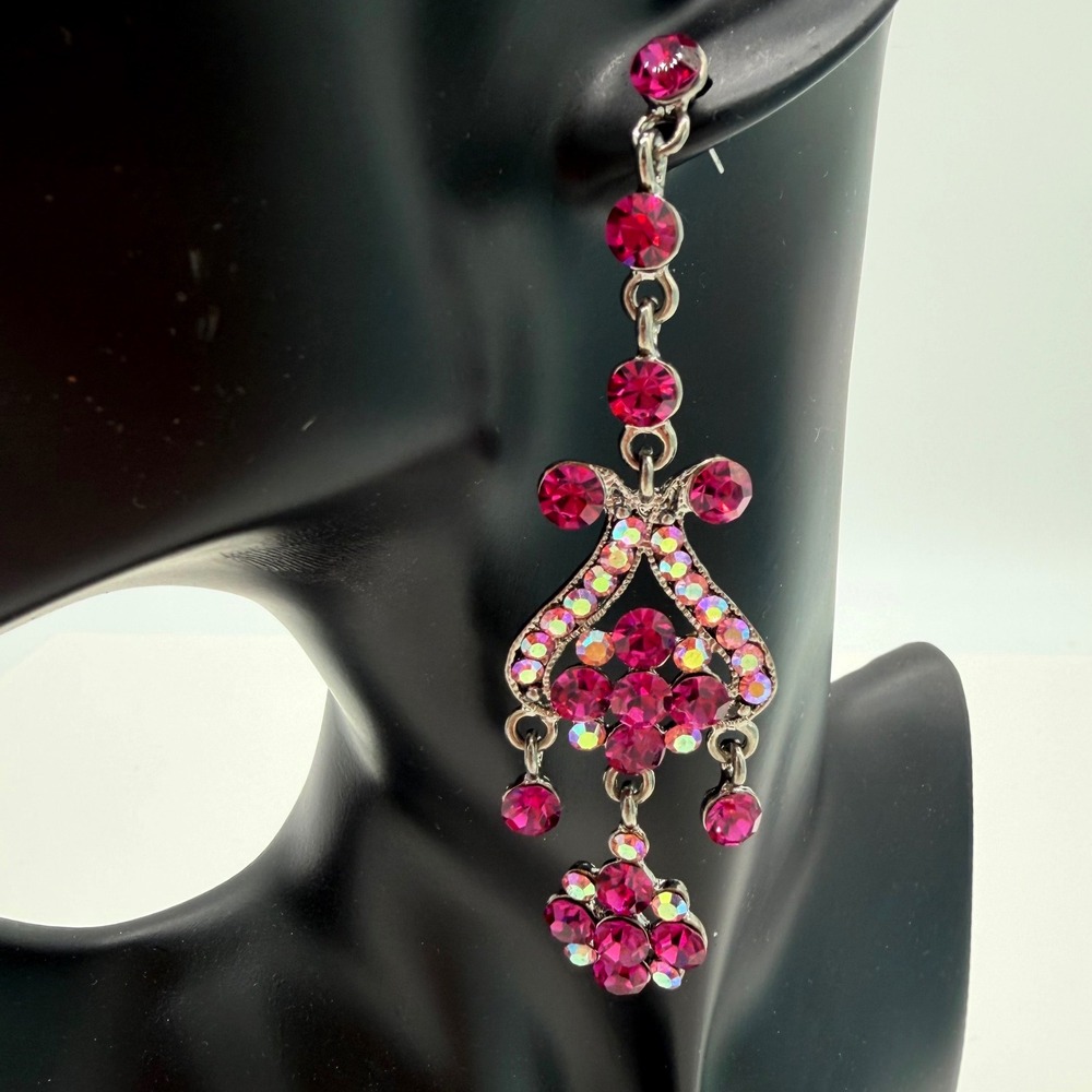 Vintage Pink Rhinestone Chandelier Earrings AB Crystal Long Dangle Glam Y2K